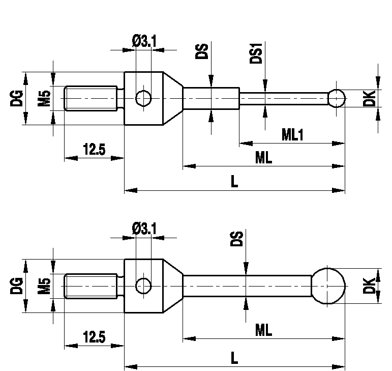 M5 щуп для звёздчатой конфигурации, рубиновый шарик Ø0.5 мм, стержень из карбида вольфрама, ML1/ML 2.5/13.00 мм, для систем ZEISS A-5555-0085